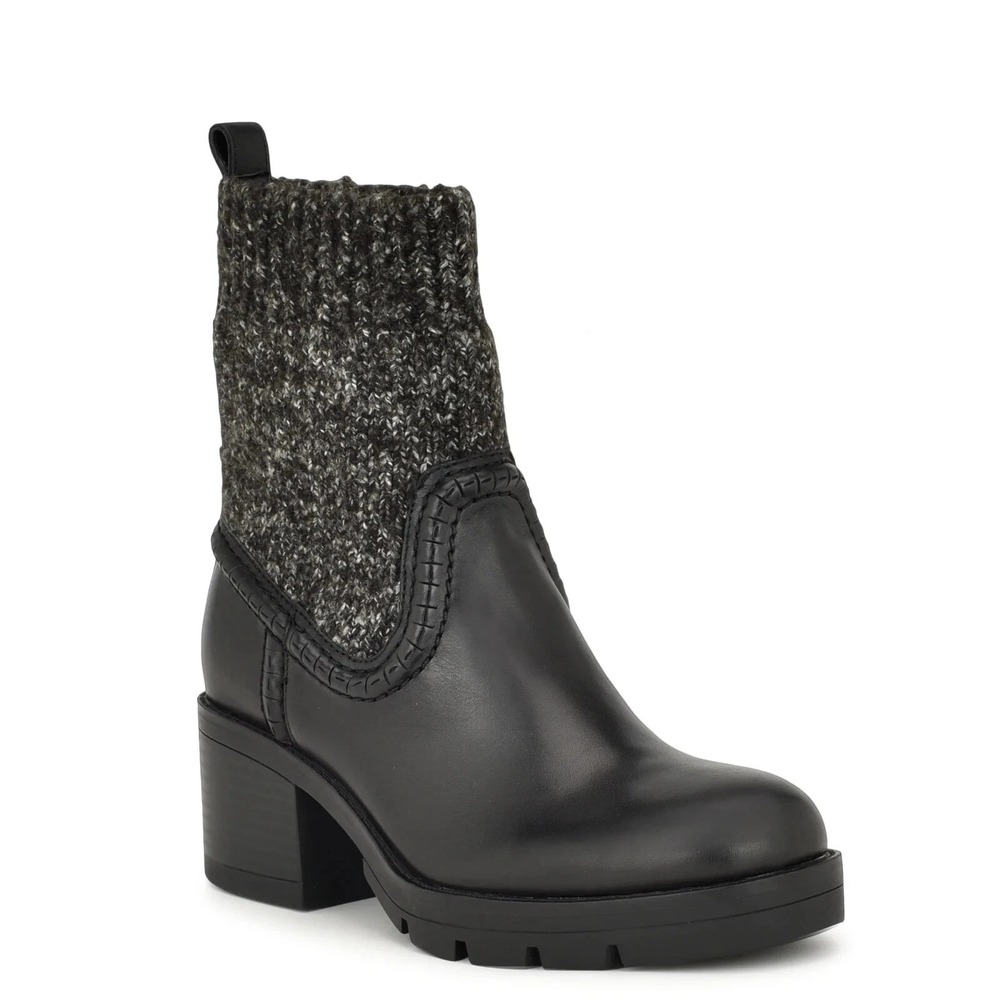 Nine West Popit Boots Women 9M Black Leather Knit Block Heel Bootie